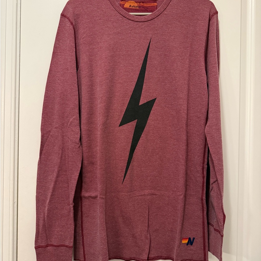 Aviator Nation Maroon Thermal Long Sleeve Tee with Black Lightning Bolt Size L